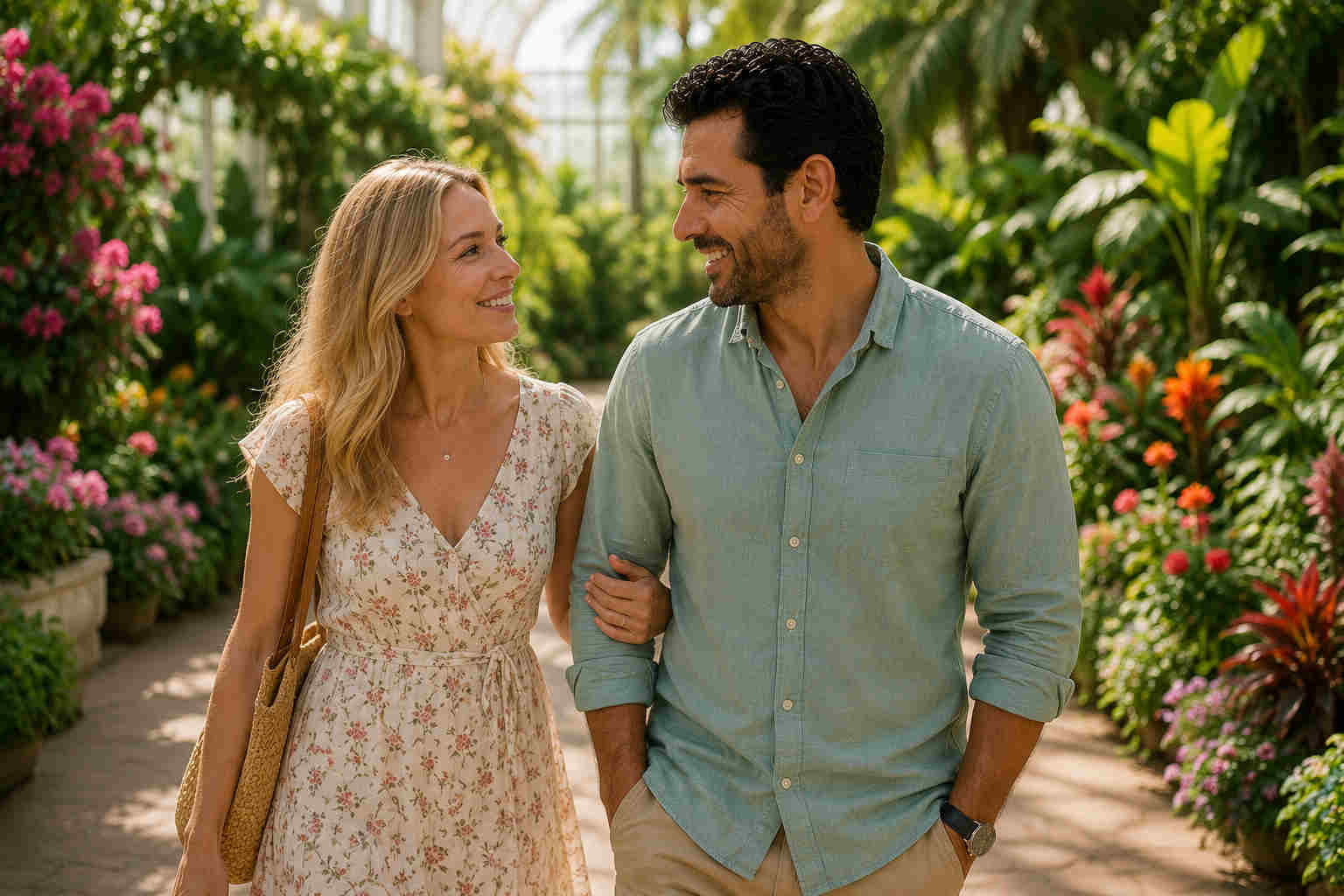 Man and blonde woman walking through a botanical garden after meeting in person