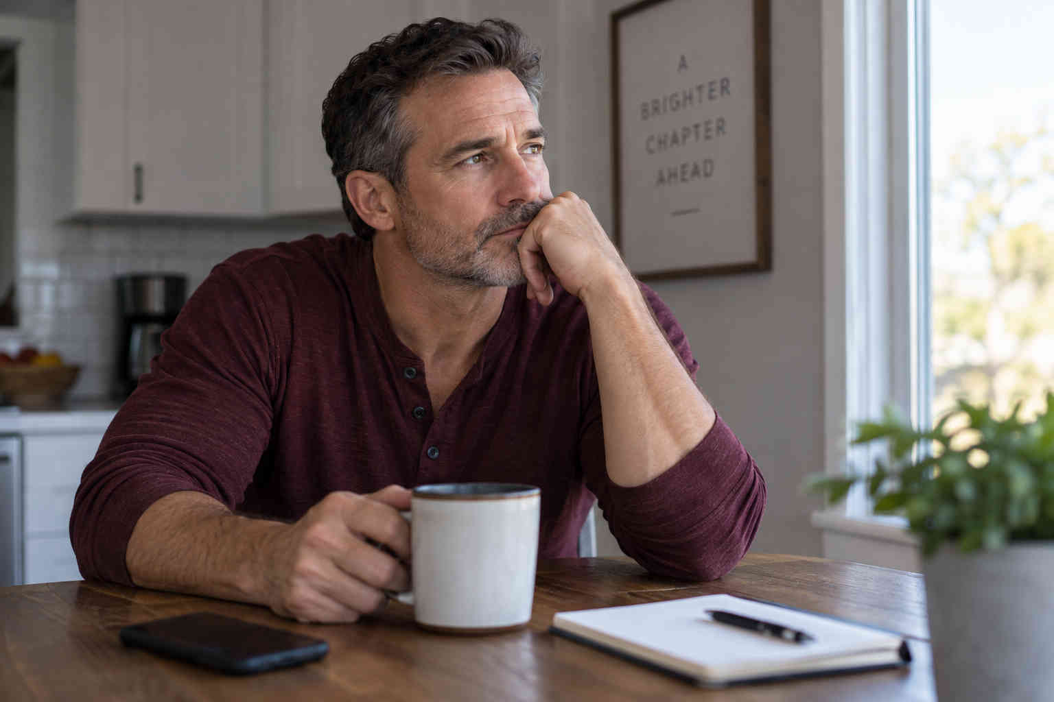 A divorced man sitting at his kitchen table with coffee, lost in thought as he struggles to stop thinking about his former partner