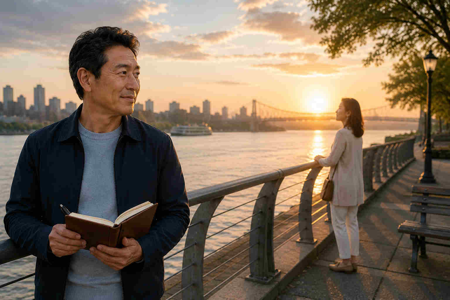 Asian man in his 50s standing near a riverfront at sunset while looking toward a new future after divorce