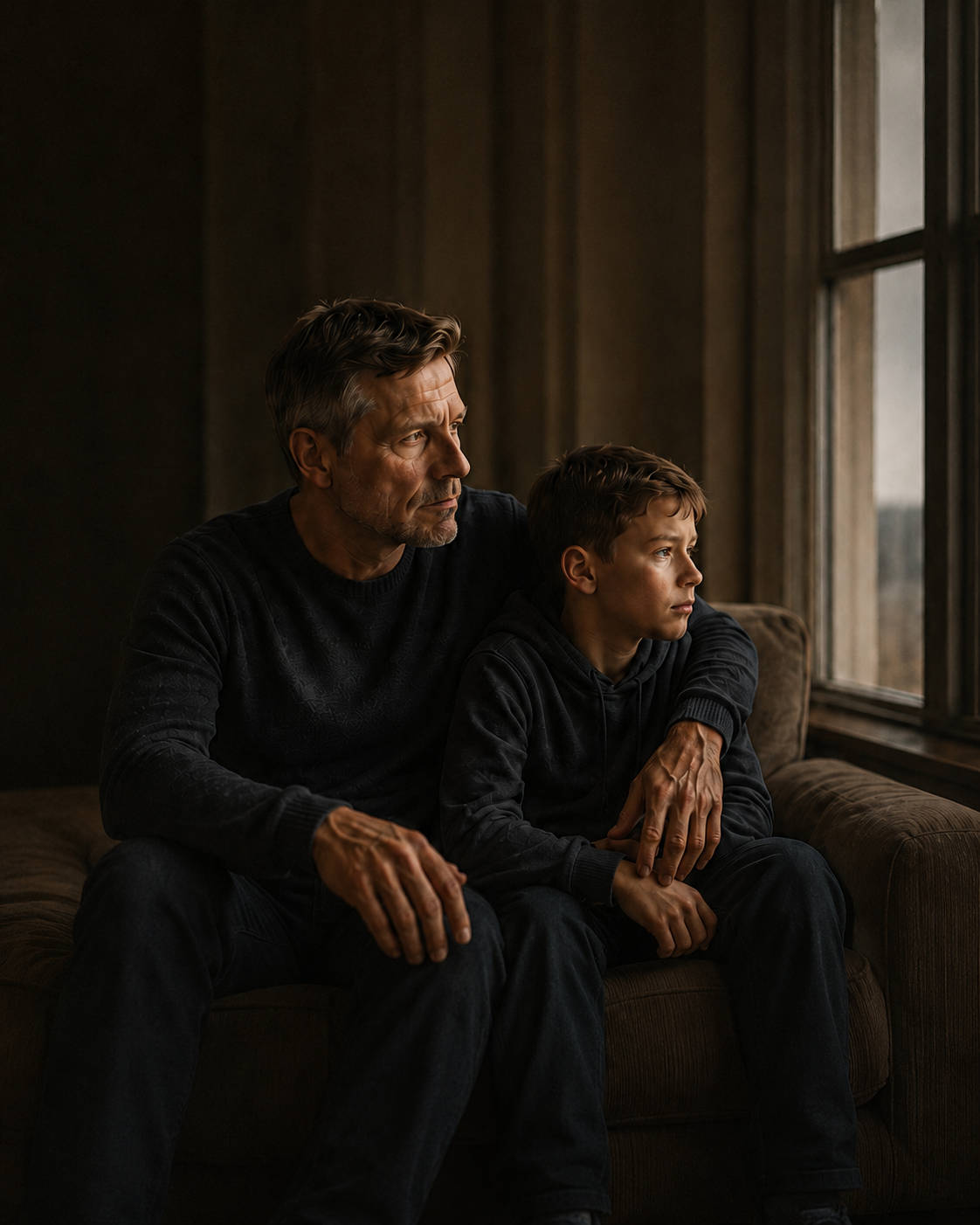 Divorced father sitting with his son by the window