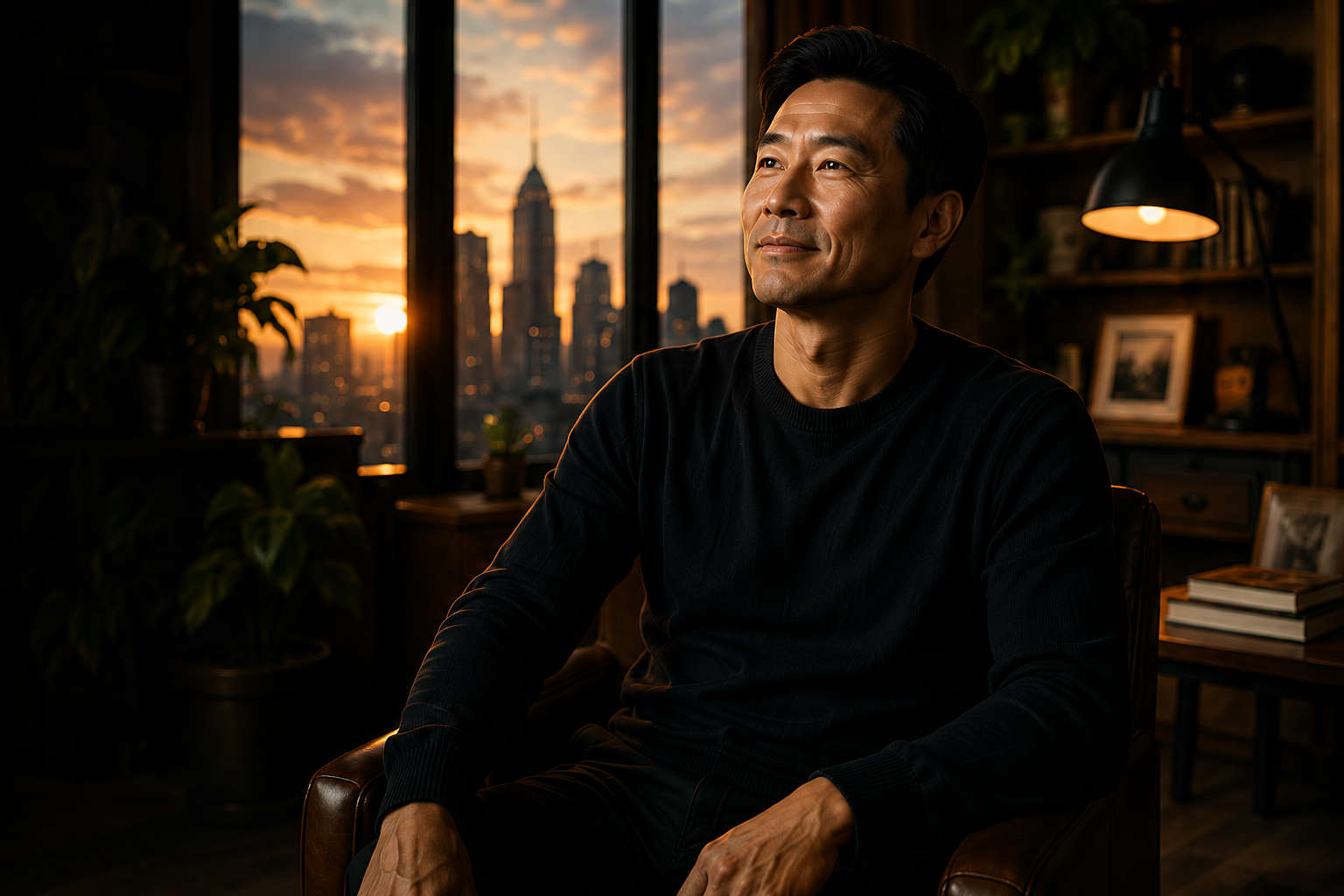 Man reflecting in a dark room at sunset, ready to reinvent his life