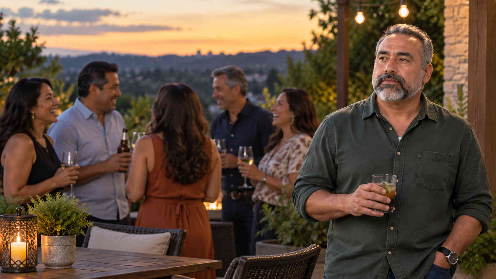 A divorced man standing apart from a social gathering and feeling overlooked and disconnected after divorce