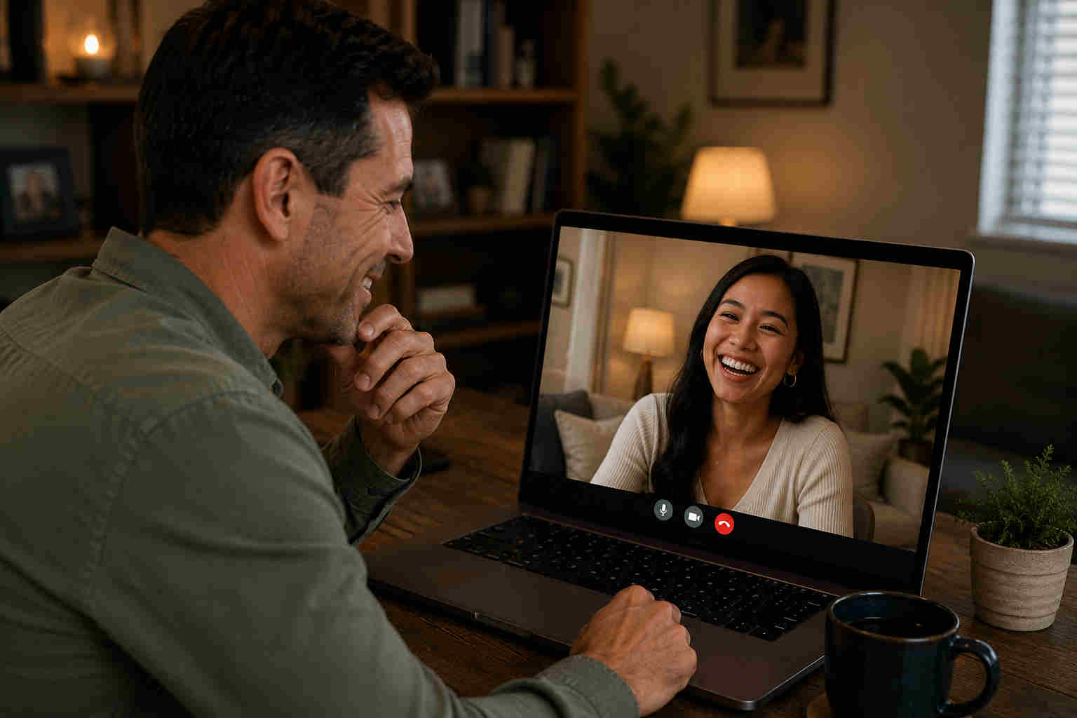 Man and woman laughing during a relaxed video call