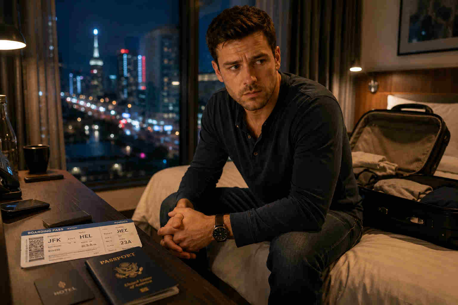 Divorced man sitting alone in a foreign hotel room questioning an overseas relationship