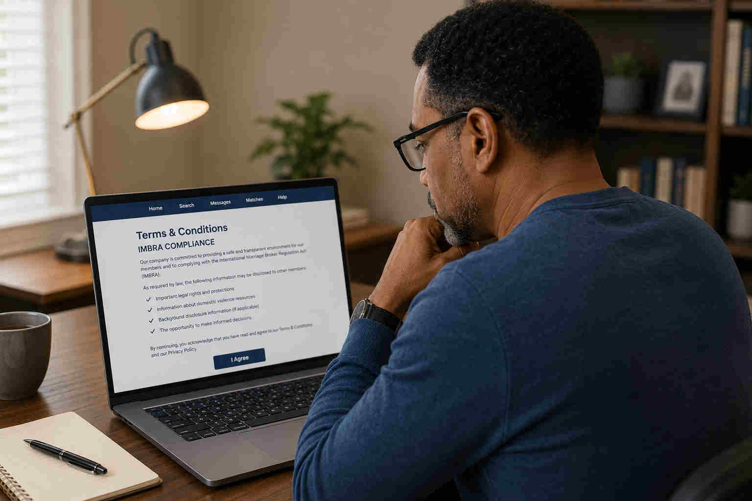 Man reviewing IMBRA compliance terms and conditions on an international dating website