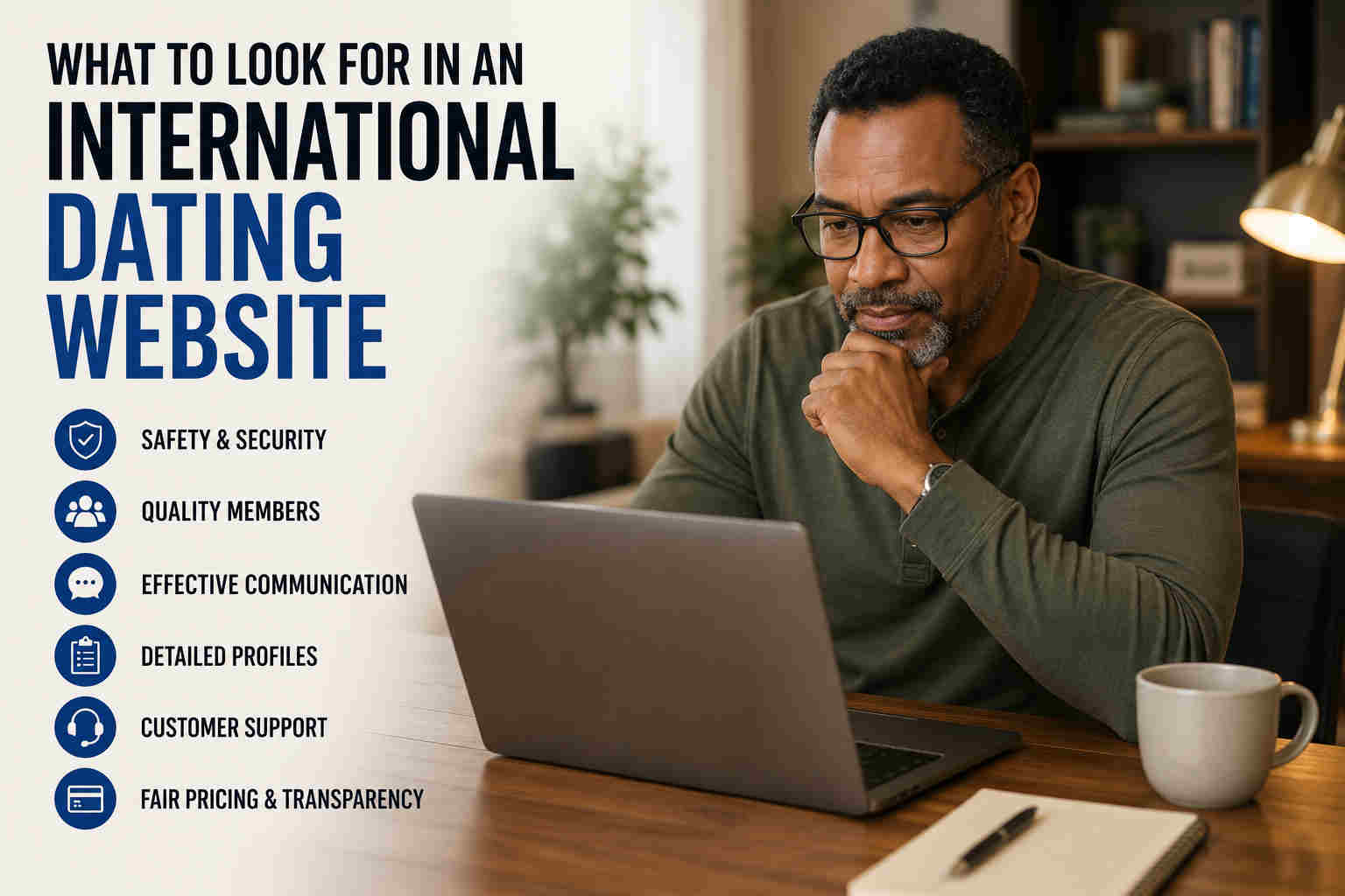 Divorced man researching what to look for in an international dating website on his laptop