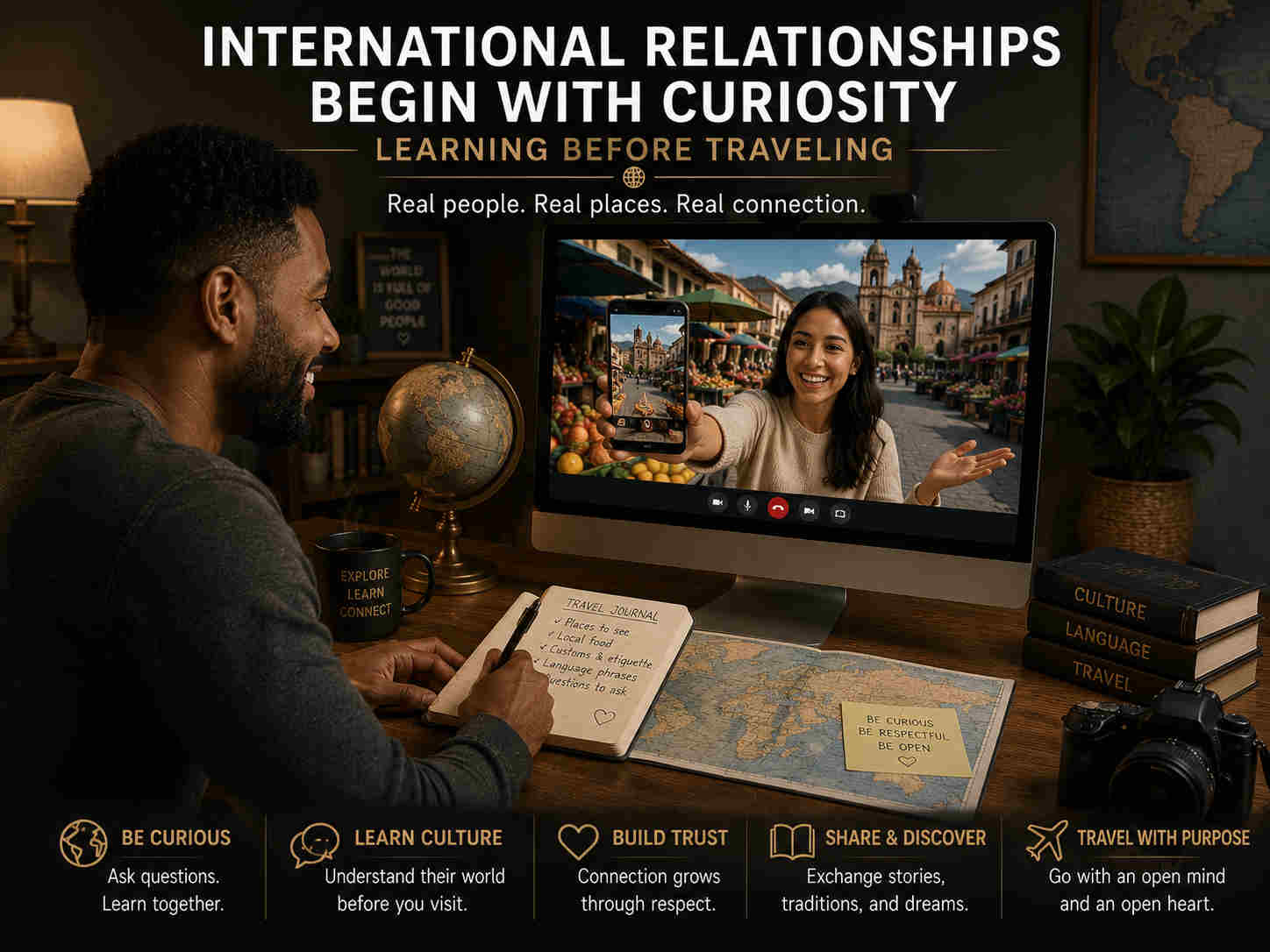 Man taking notes during an international video call while a woman shows him her city through her phone camera