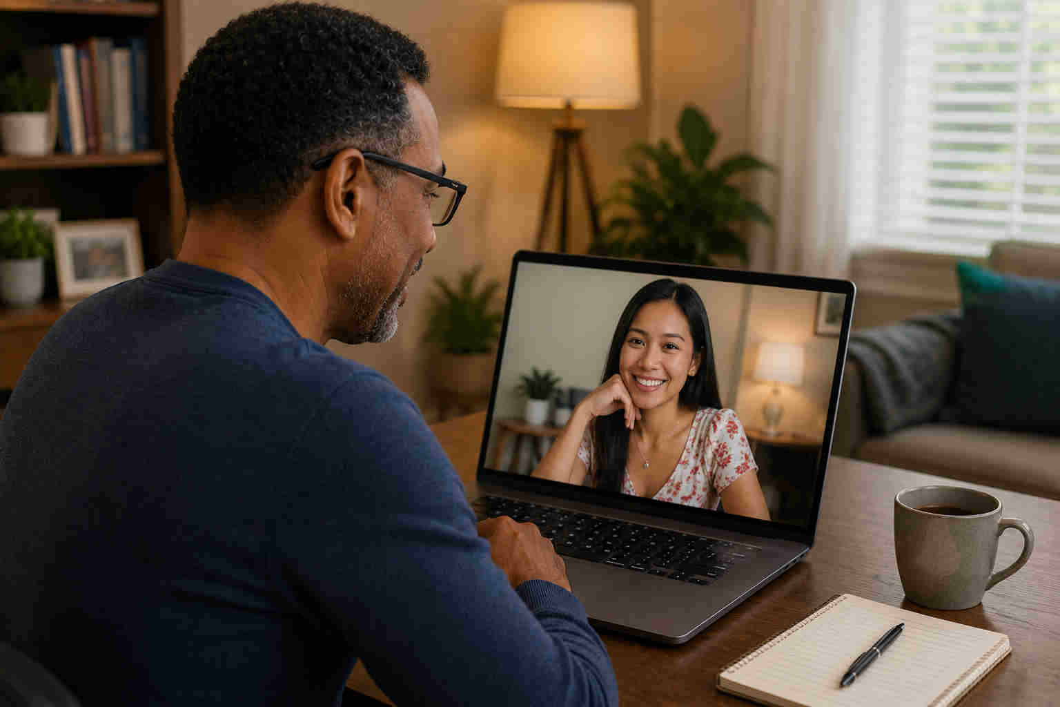 Divorced man enjoying a relaxed video conversation with a smiling Filipina woman