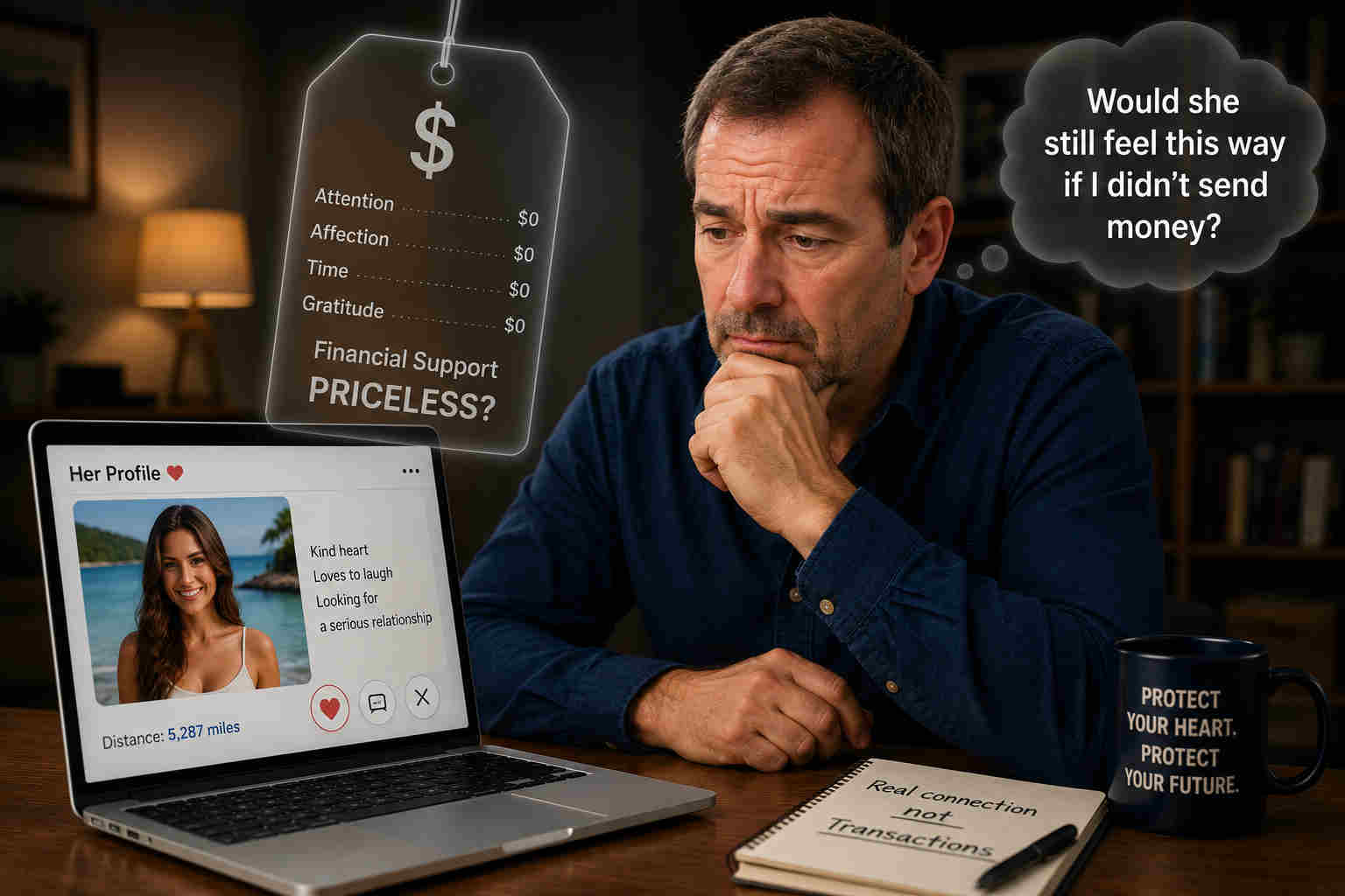 Man looking at a woman's dating profile while questioning whether affection has an invisible price