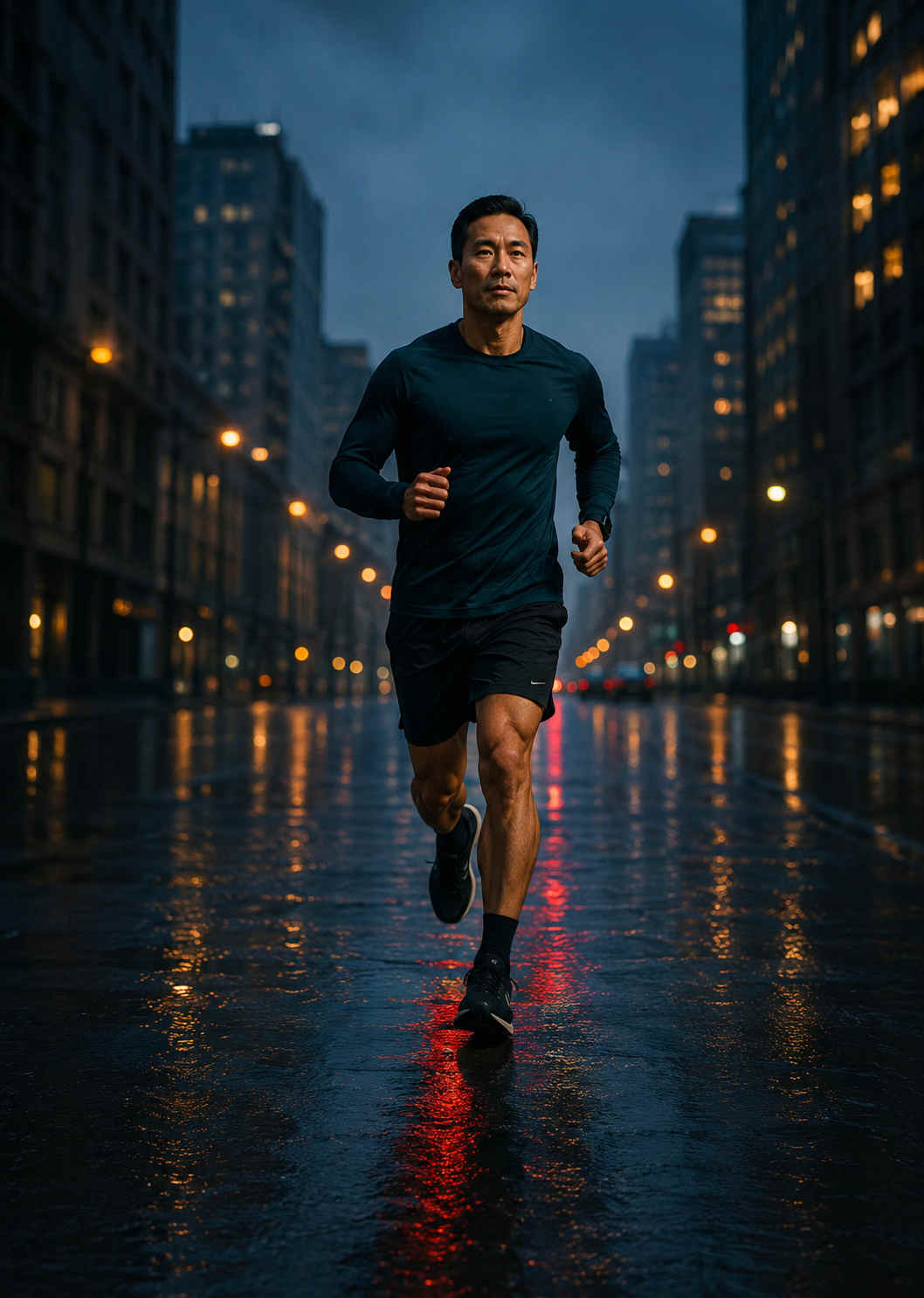 Man jogging through the city with discipline and focus
