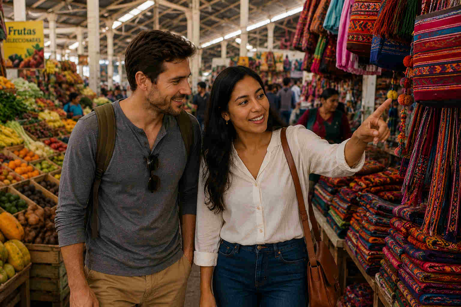 A couple walking through San Pedro Market in Cusco while looking at textiles, fruit, and local crafts