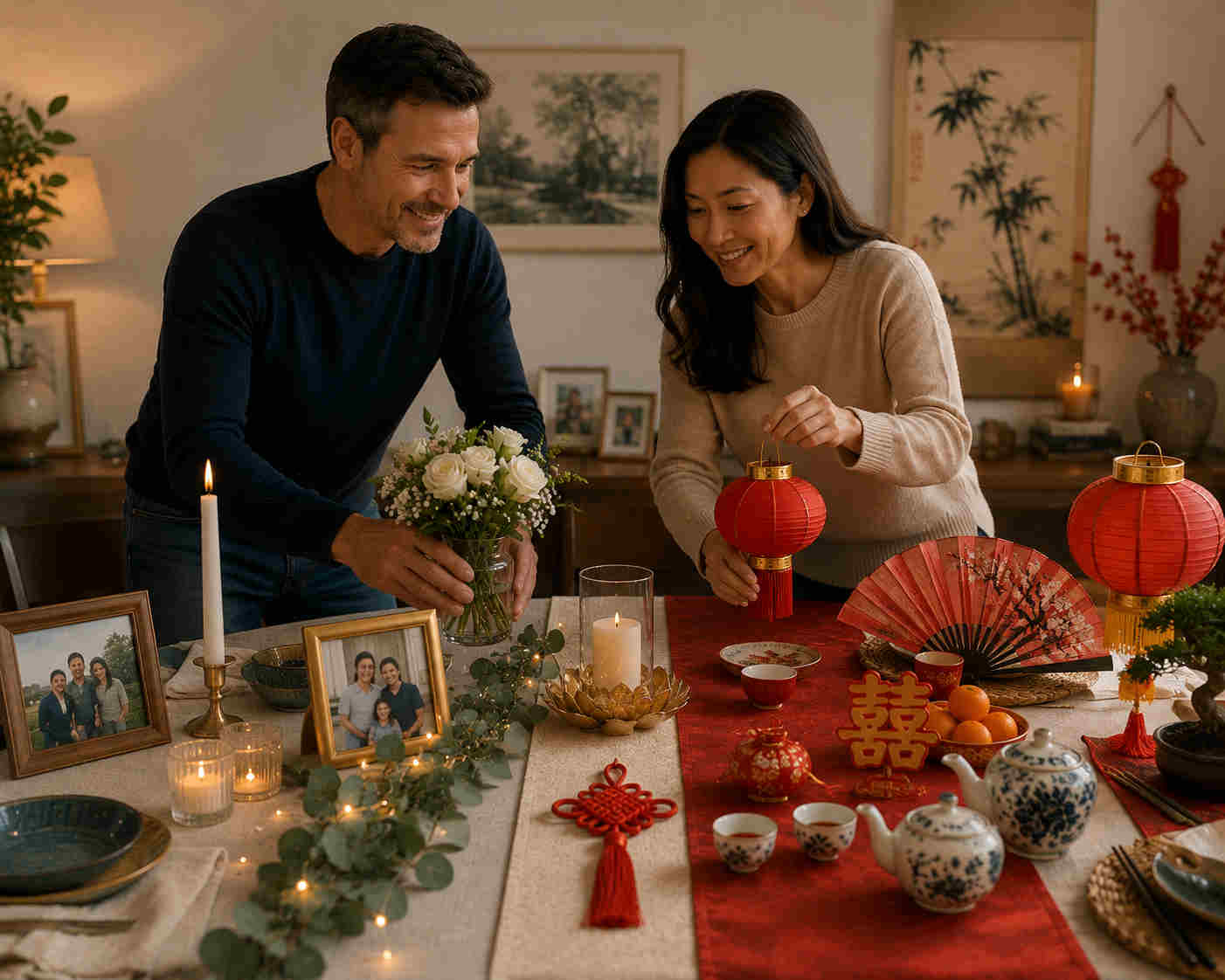 Couple decorating a dining table with traditions from two different cultures