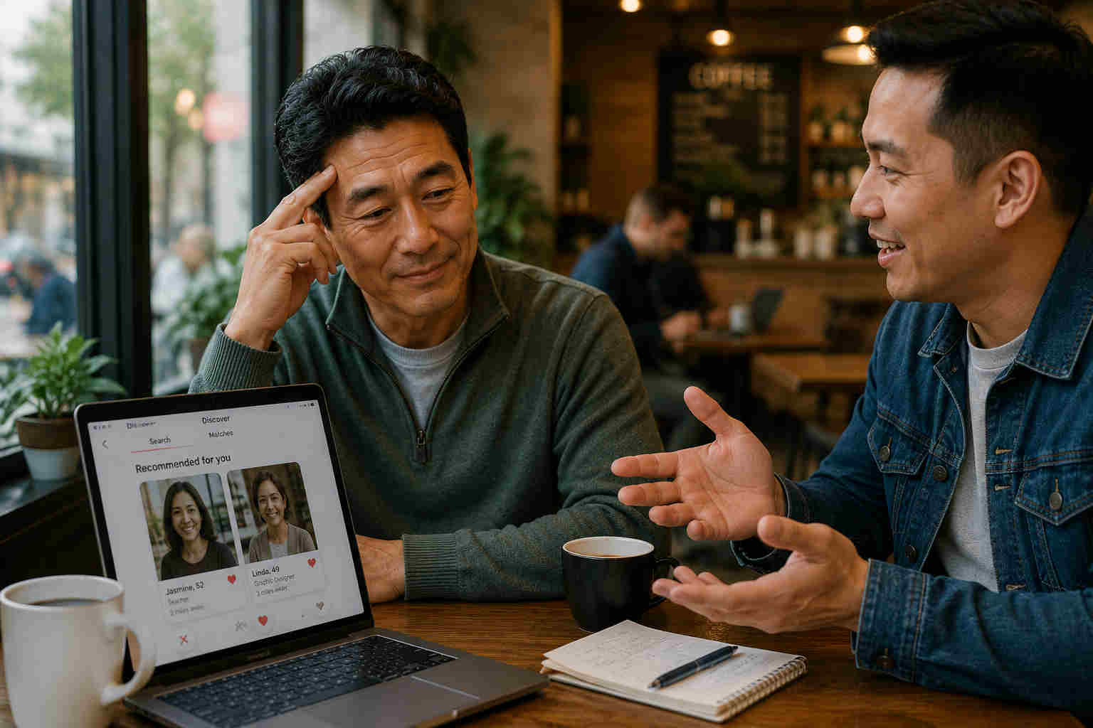 Asian man in his 50s learning modern online dating from a younger friend in a coffee shop