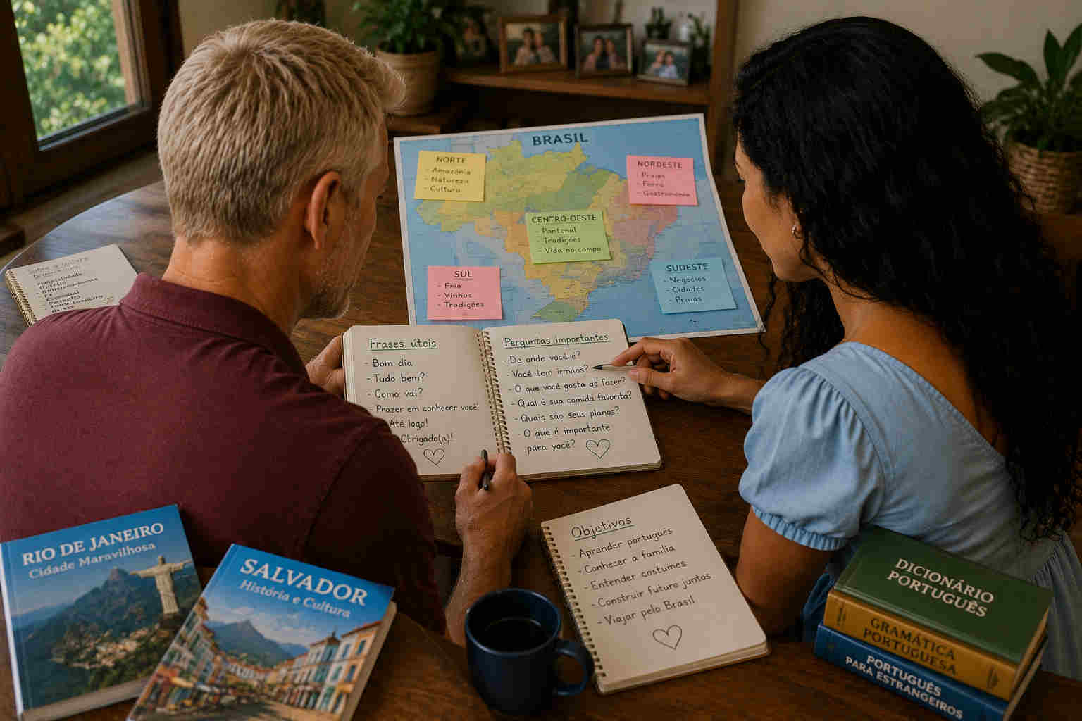 American man learning Portuguese while studying Brazilian regions cities culture and family communication