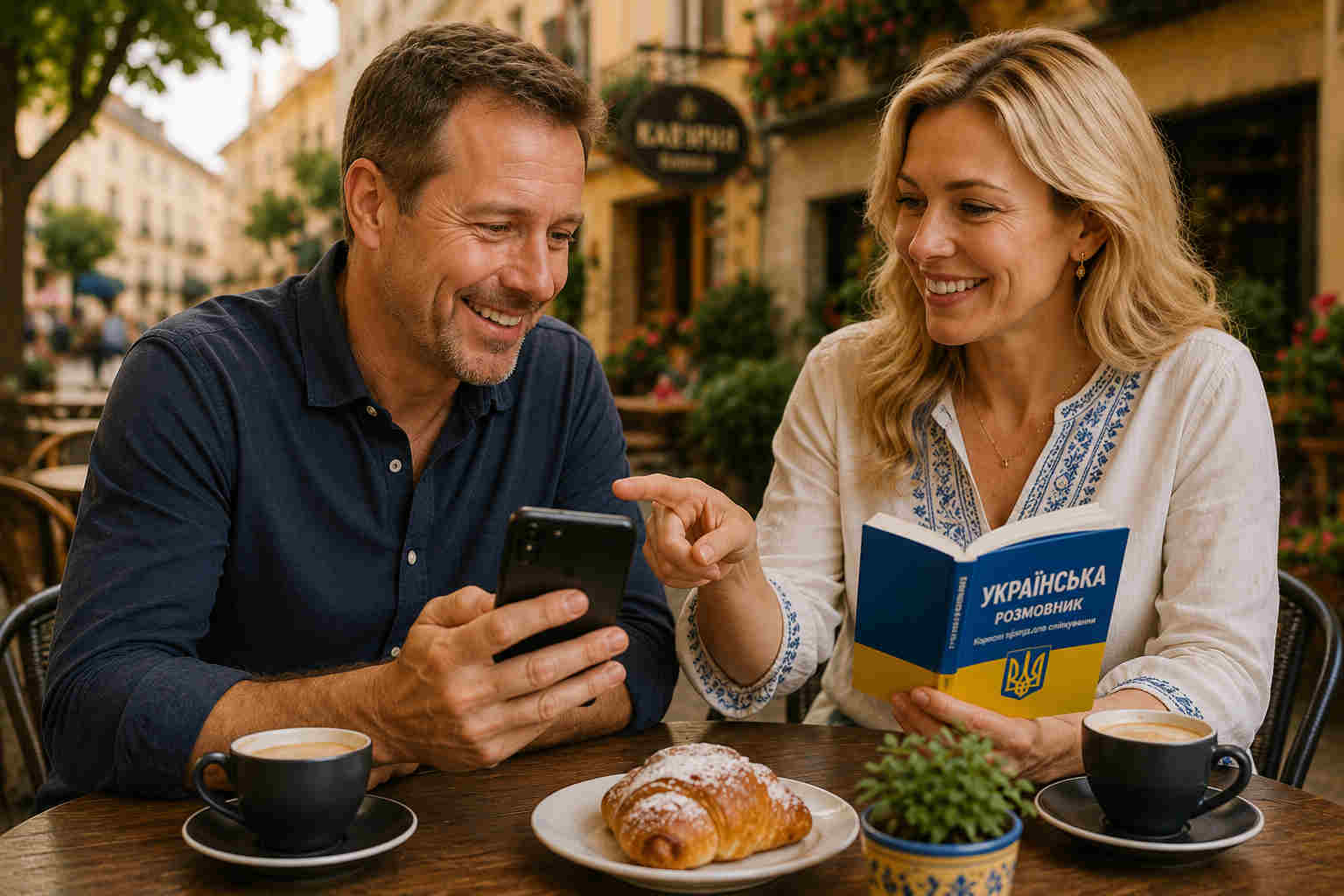 Divorced American man and Ukrainian woman learning each other’s language together at an outdoor cafe