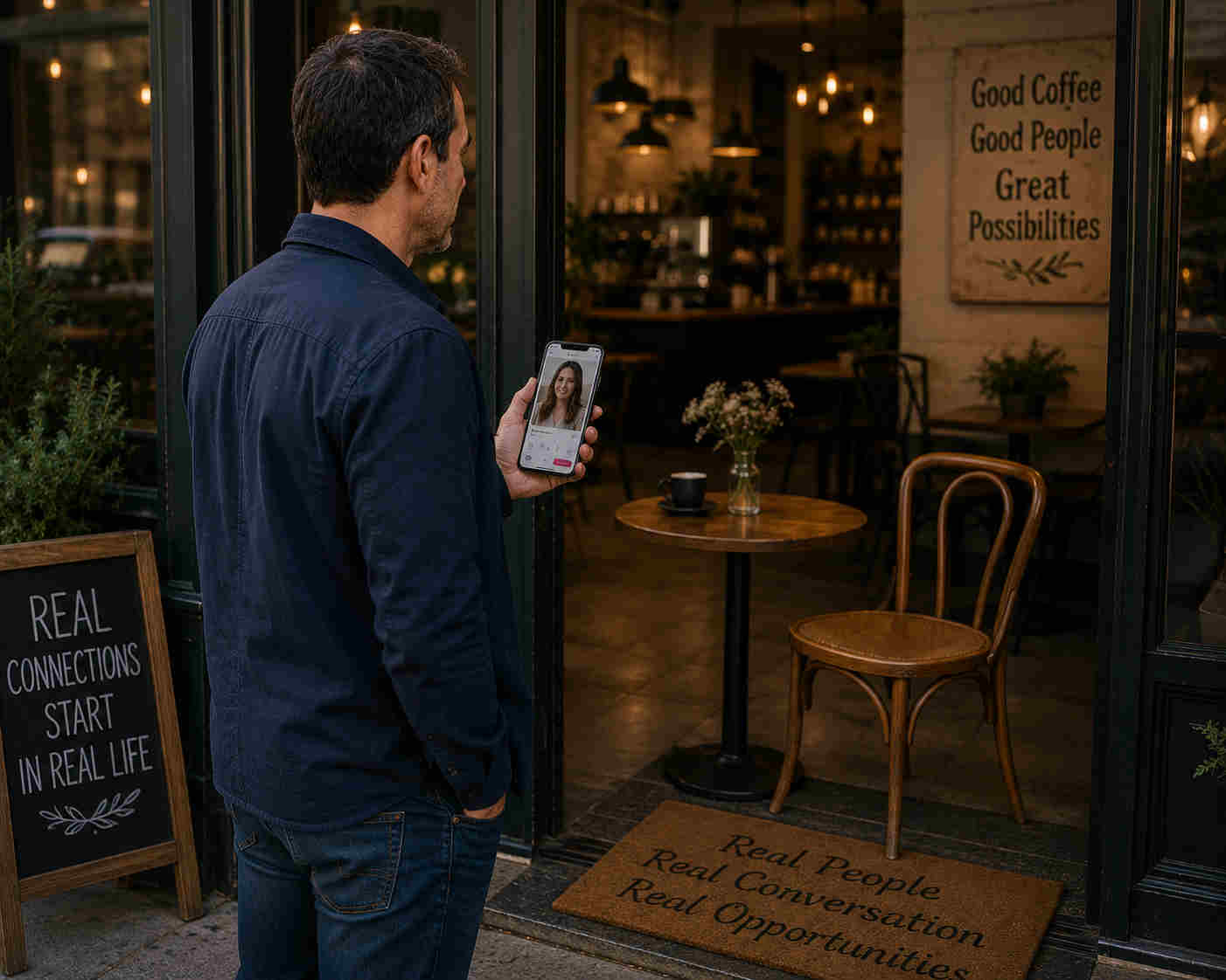 Man arriving at a real café for a first meeting after communicating through an online dating profile