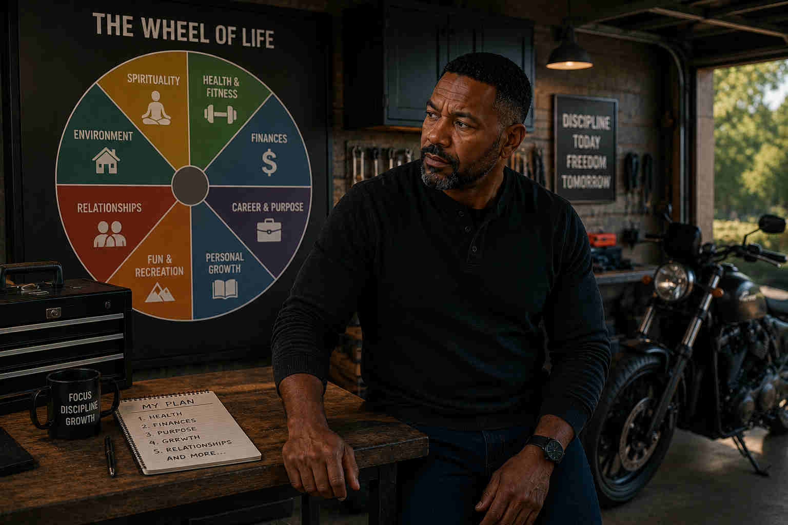 Divorced man creating a balanced life plan using the Wheel of Life framework