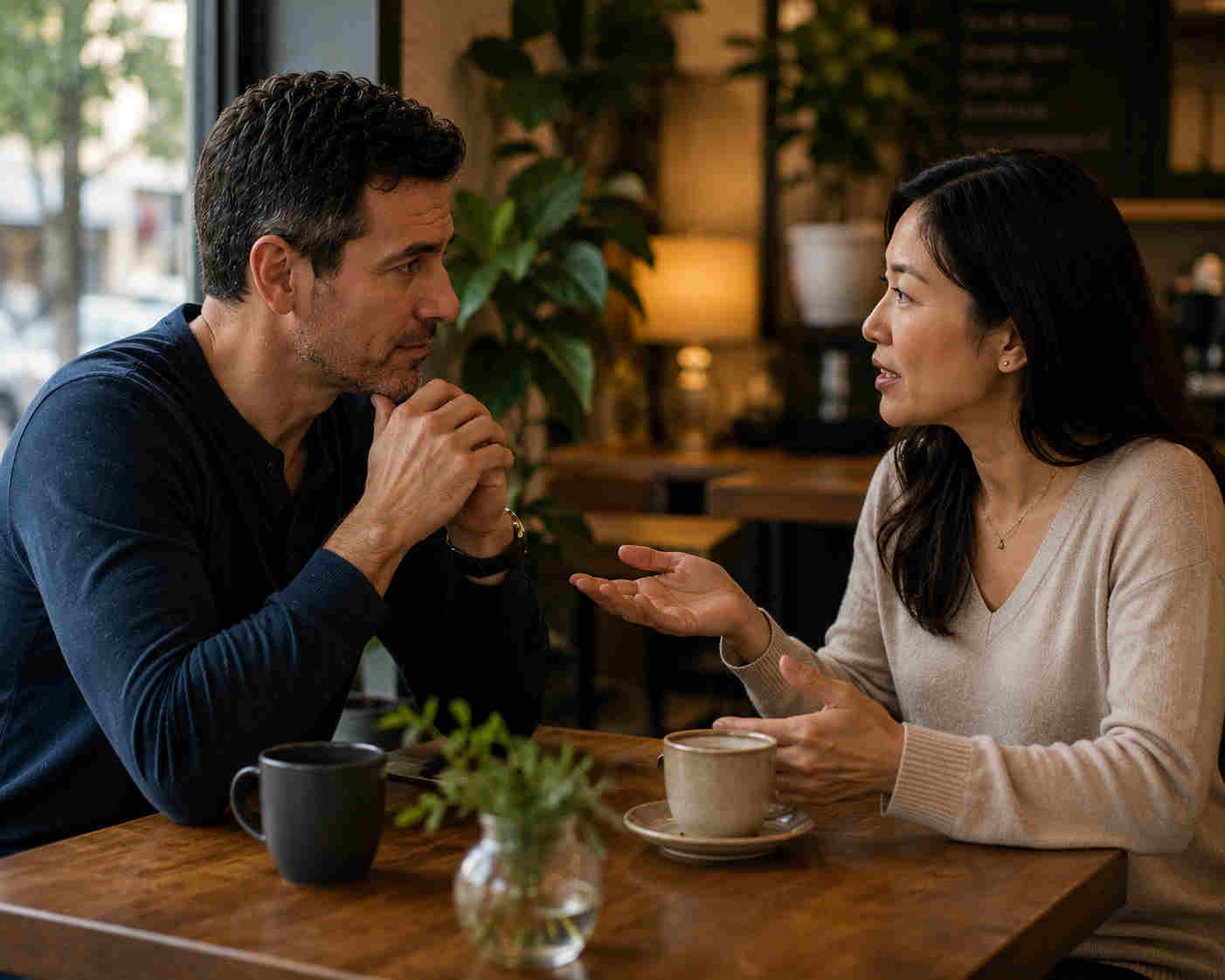 Man listening attentively while a woman speaks in a quiet cafe