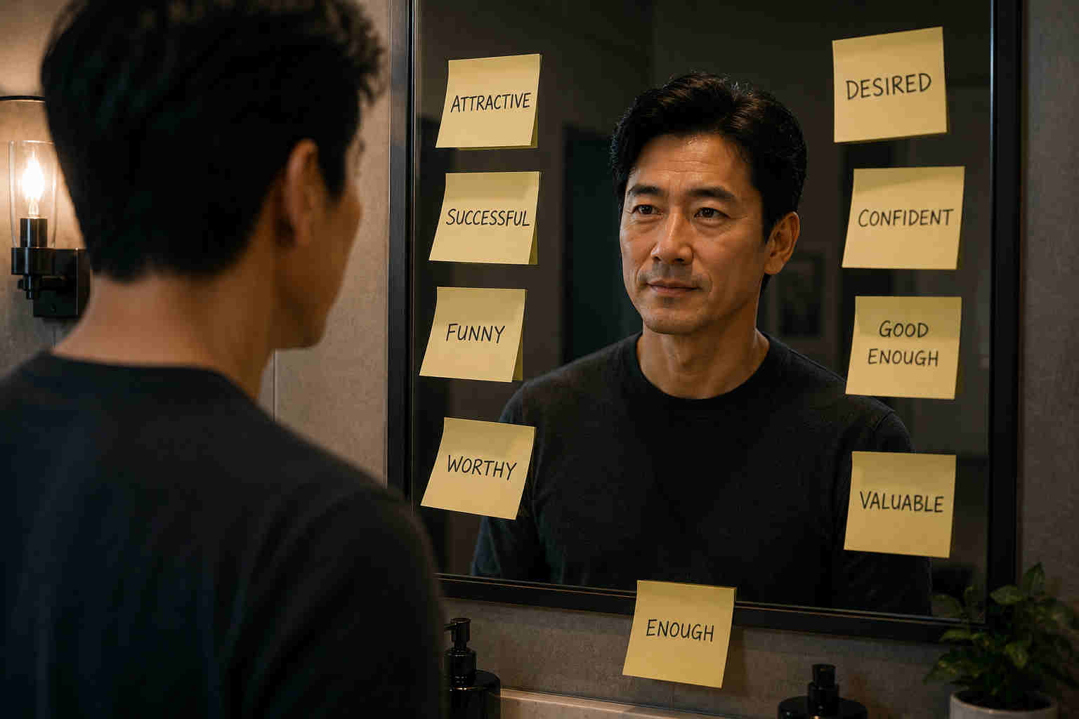 A Korean man in his 40s looking into a mirror covered with validation sticky notes