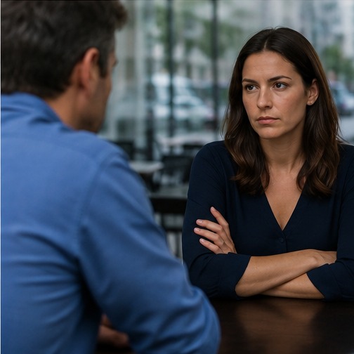 A woman with crossed arms during a tense relationship conversation with a man