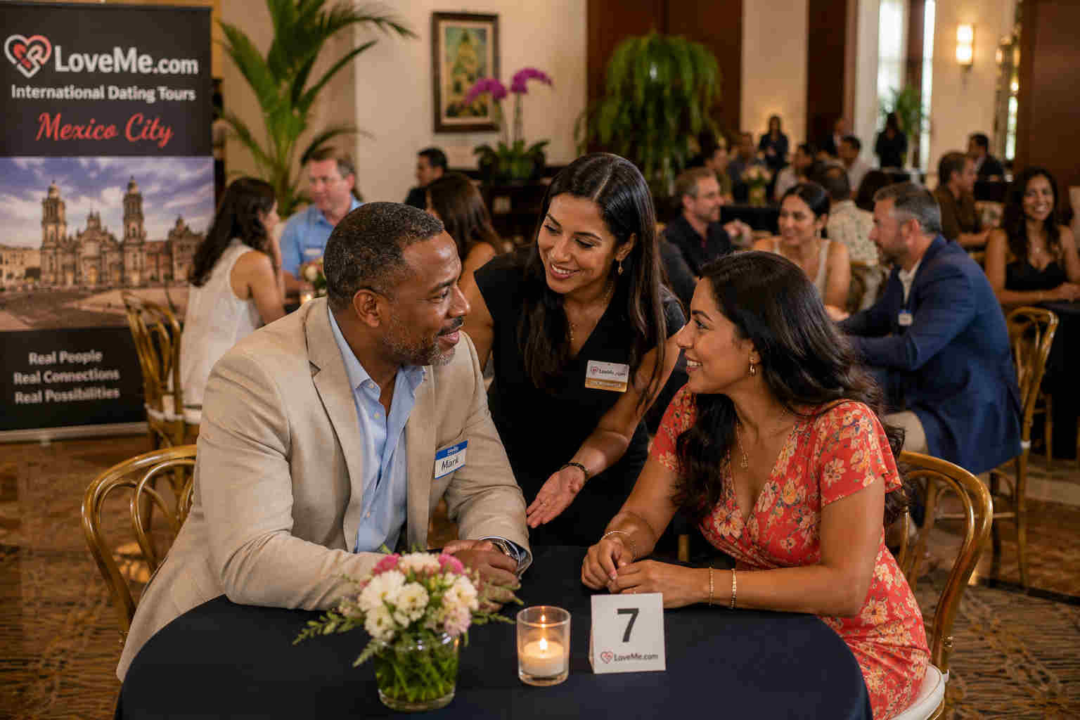 LoveMe.com Mexico City dating tour social event with an interpreter helping an American man and Mexican woman talk