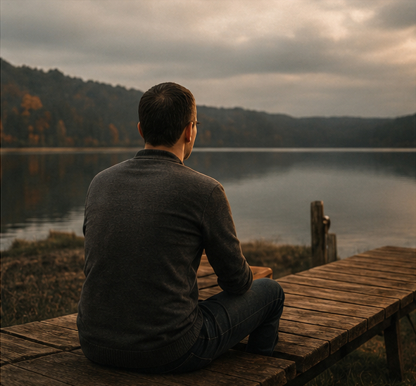 Man reflecting by lake while rebuilding wealth
