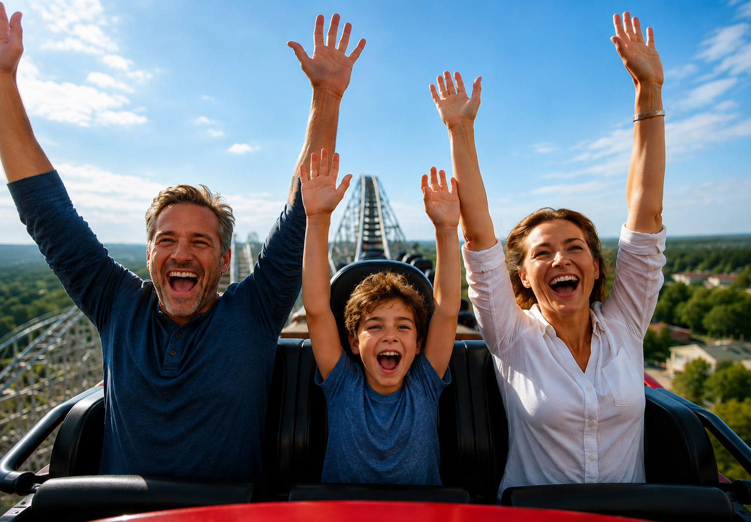Man woman and child enjoying a rollercoaster together while dating with children after divorce