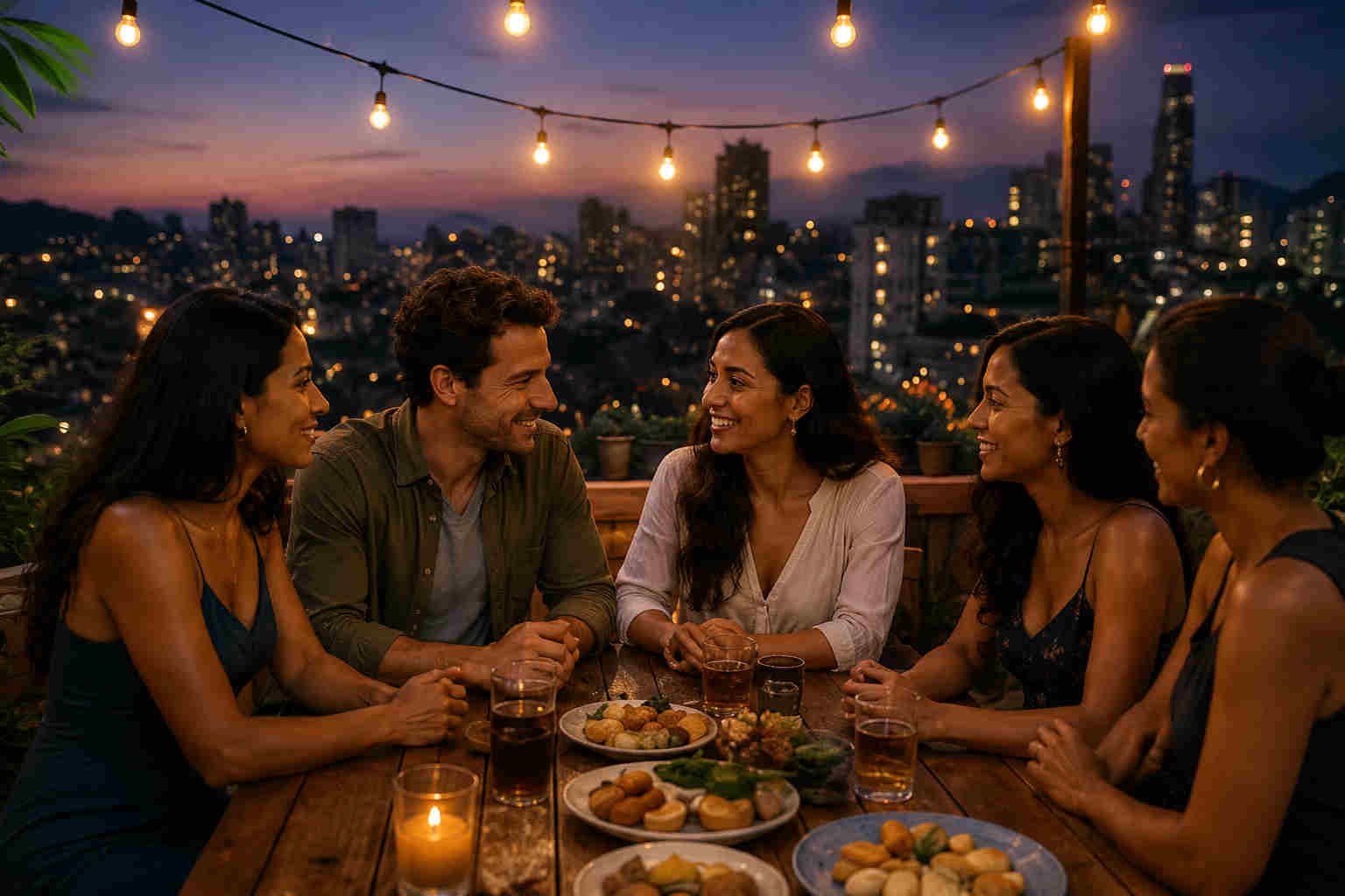 An American man talks with Colombian women at a relaxed rooftop social event in Colombia