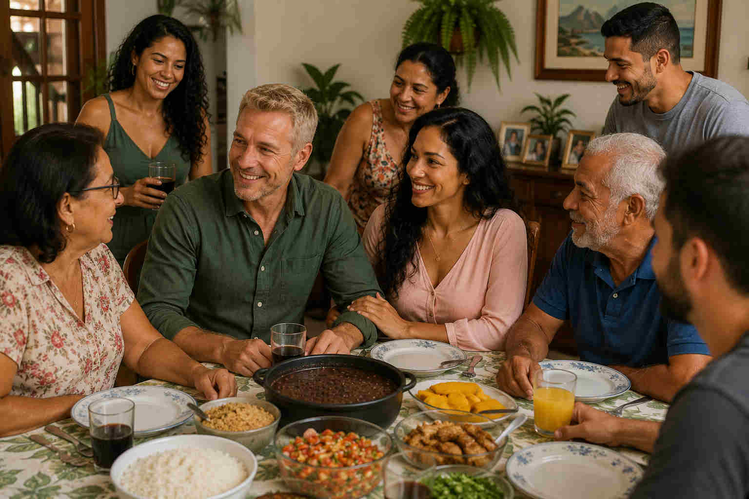 American man meeting his Brazilian partner’s relatives during a relaxed Sunday family lunch
