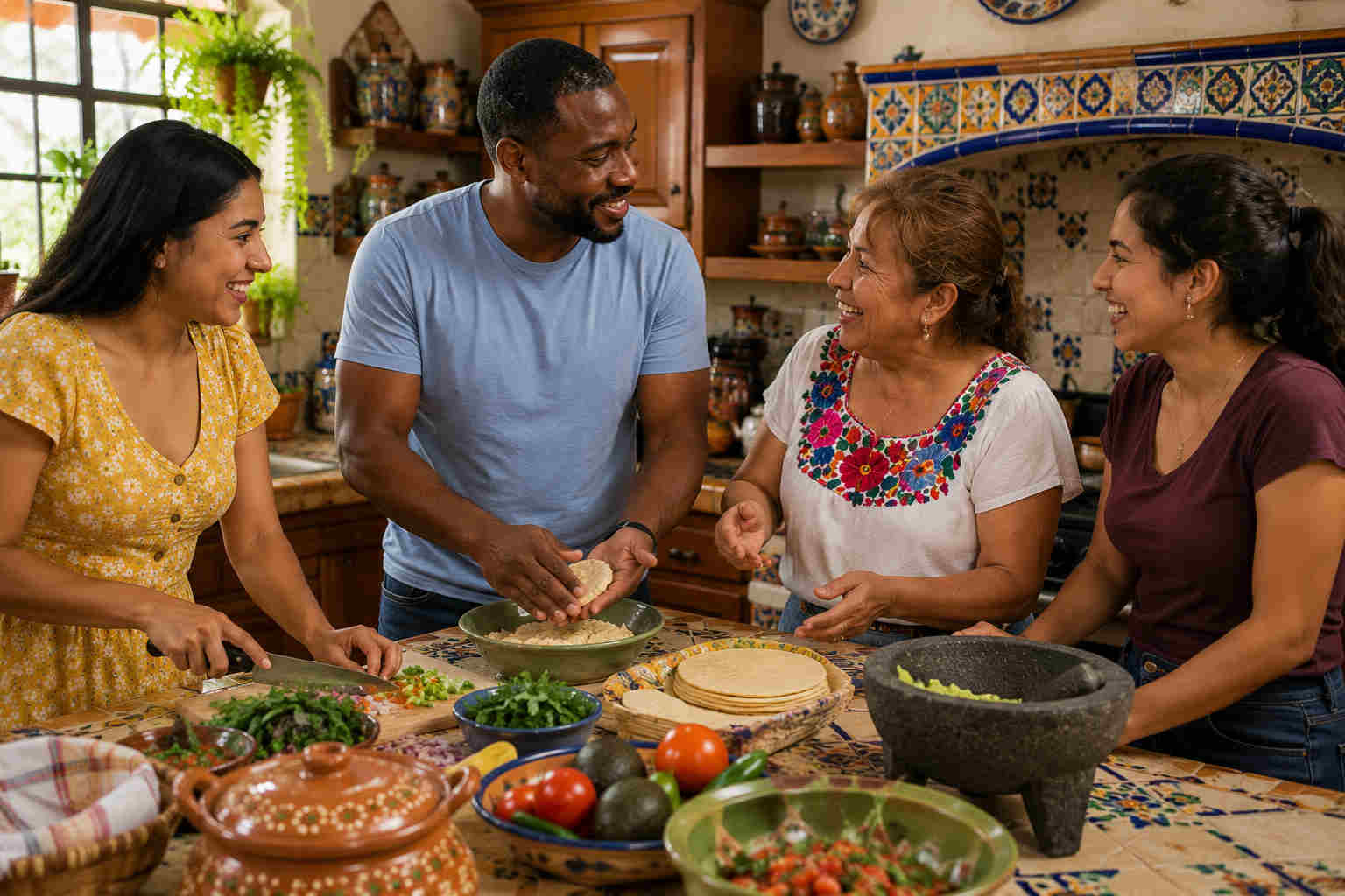 African American man helping a Mexican woman and her relatives prepare a family meal