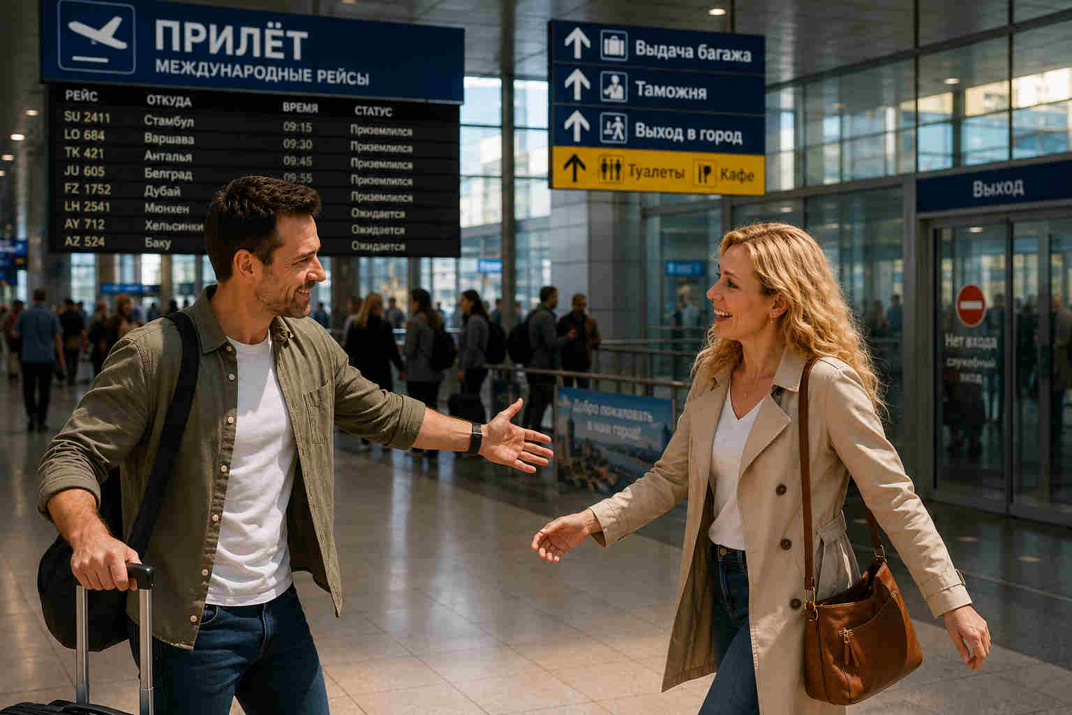 American man and Ukrainian woman greeting each other at an airport with Cyrillic arrival signs