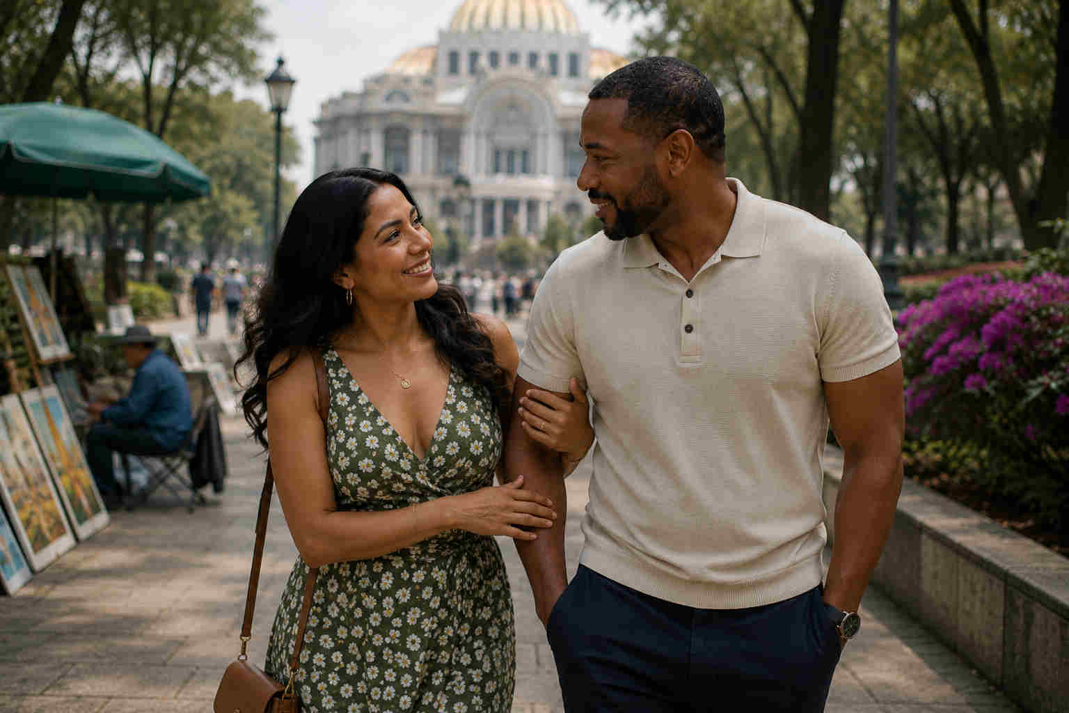 African American man and Mexican woman walking together near Palacio de Bellas Artes in Mexico City
