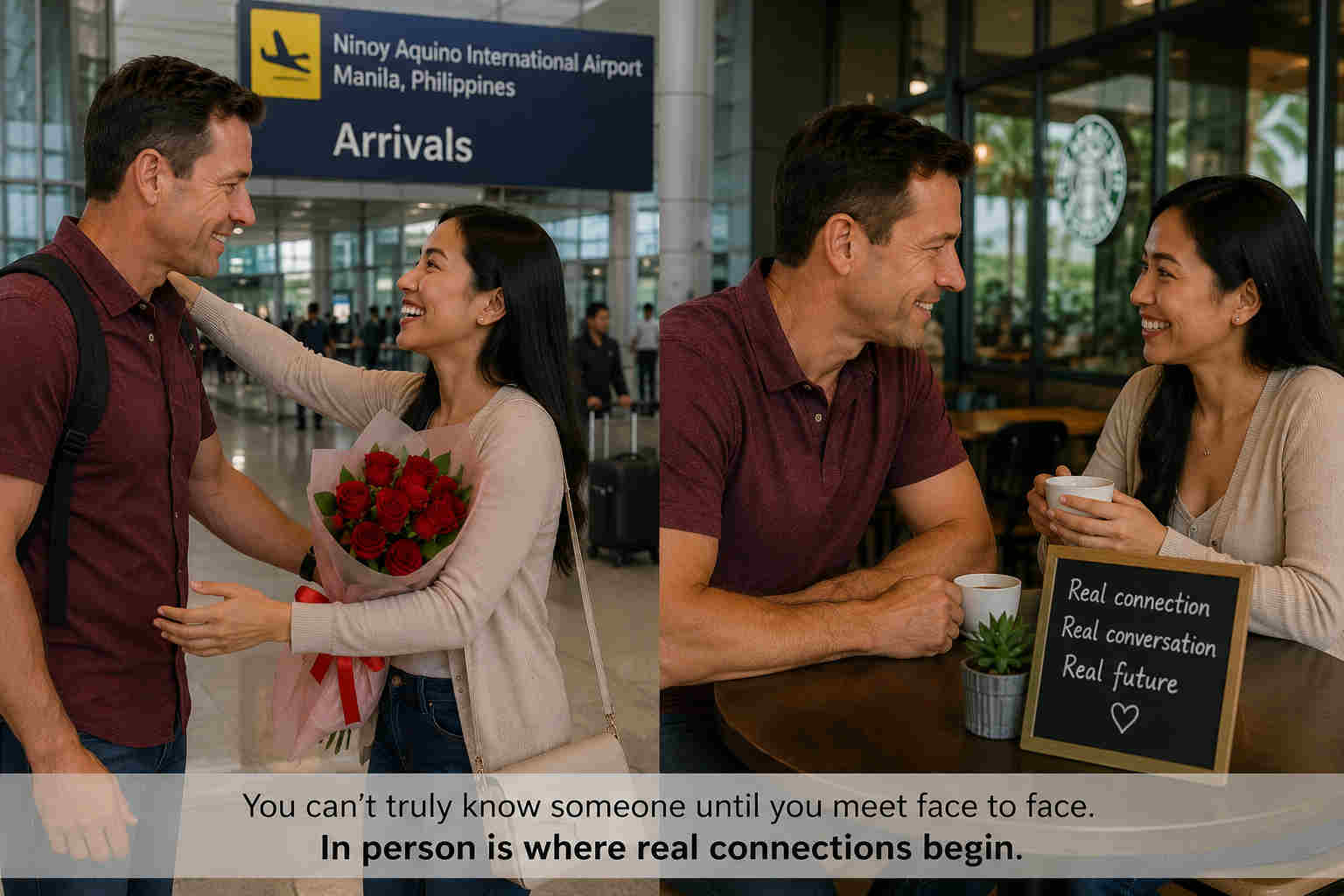 American man meeting a Filipino woman in person at Ninoy Aquino International Airport and then talking at a cafe