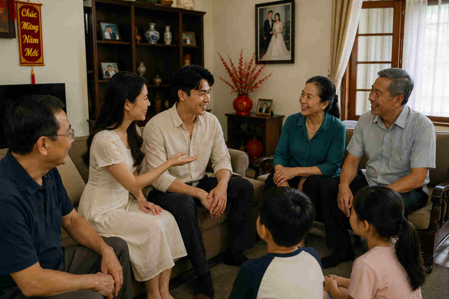 Vietnamese woman introducing her boyfriend to her extended family in a living room
