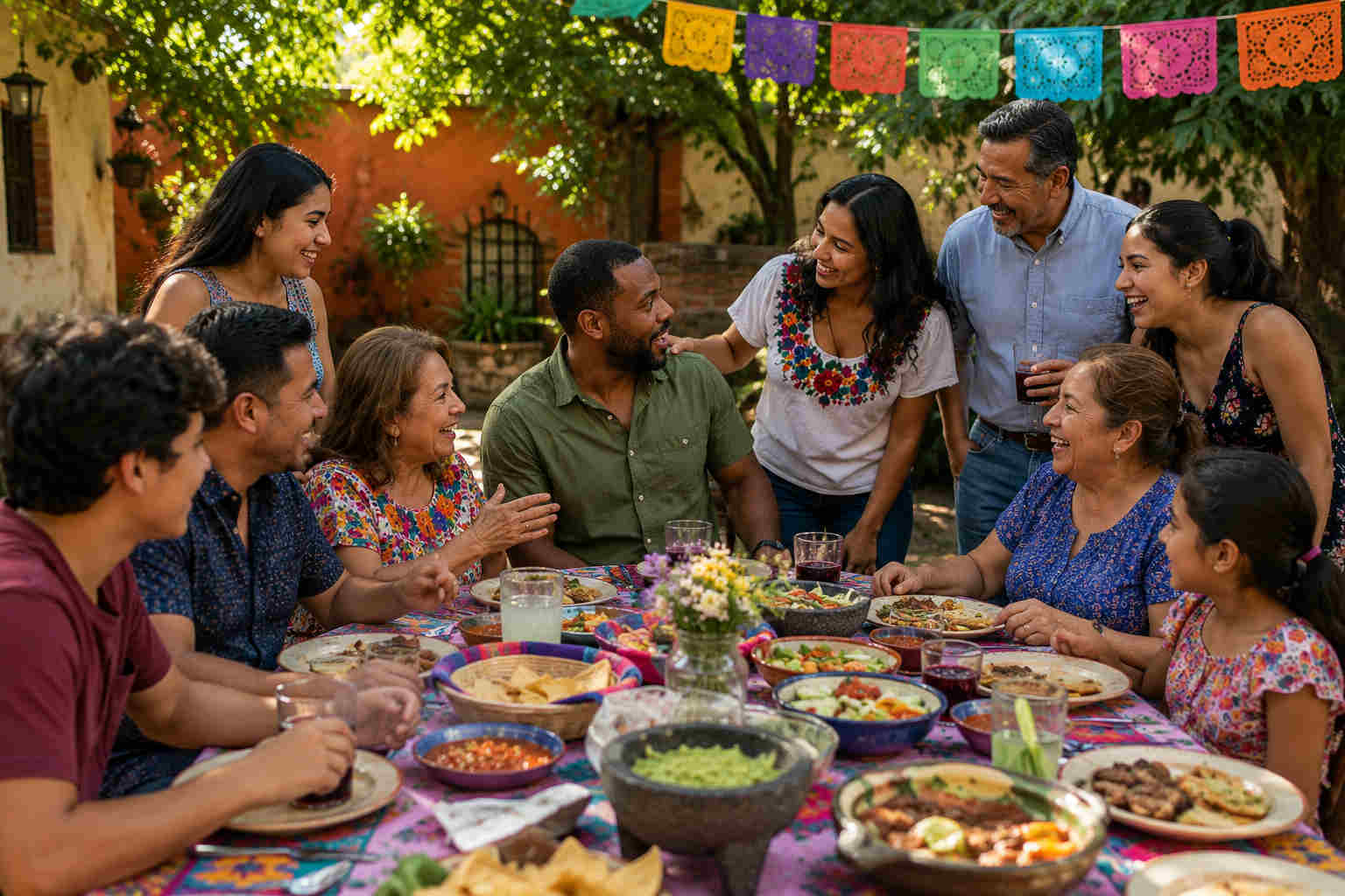 Divorced African American man welcomed at a large outdoor Mexican family lunch
