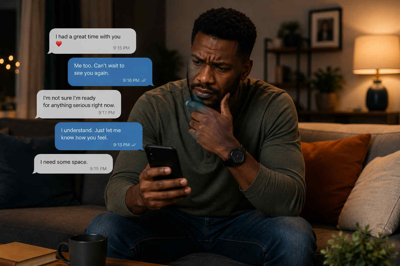 A man looking confused while reading mixed dating messages on his phone