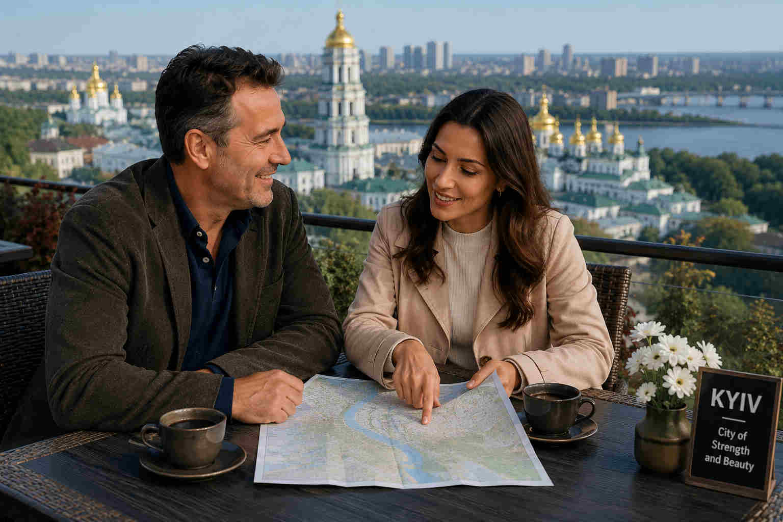 Couple reviewing a Kyiv city map at an outdoor cafe overlooking landmarks