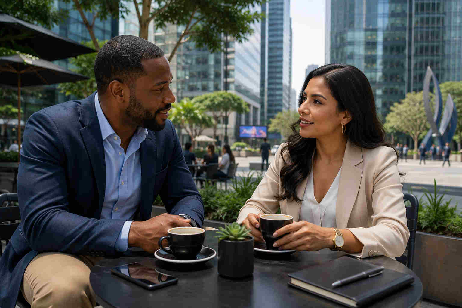 African American man and Mexican professional woman talking at a modern Mexico City café