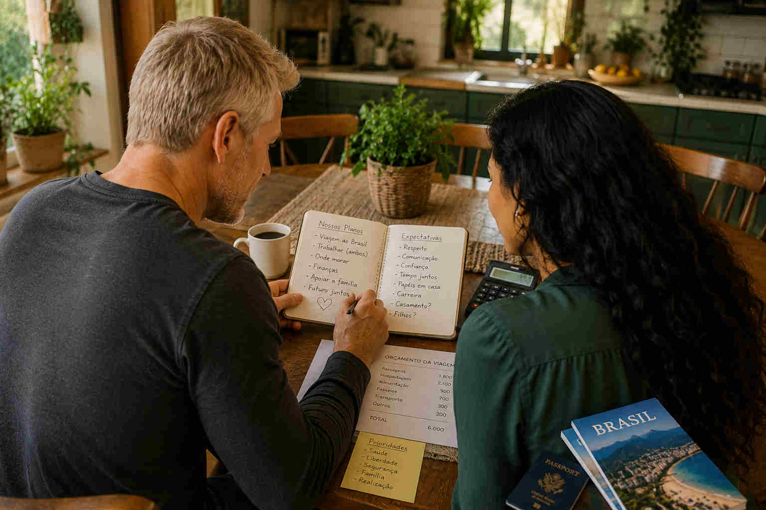 Couple reviewing travel costs finances household expectations marriage and future plans