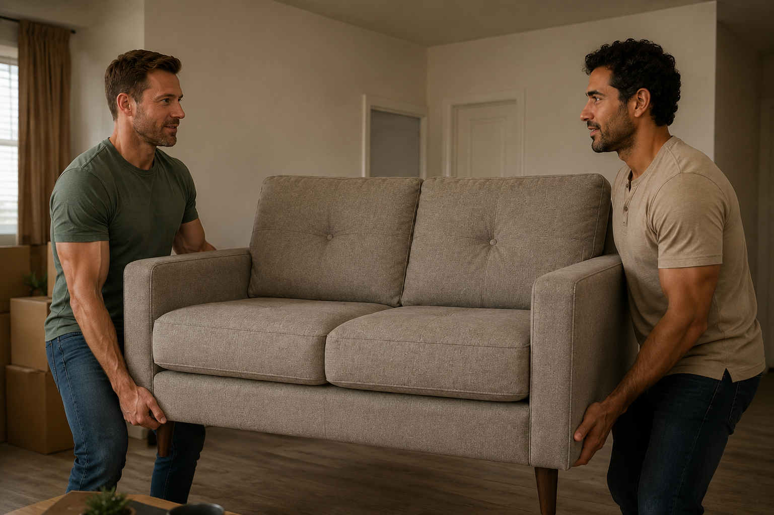 Two men moving a couch while supporting each other through a life transition