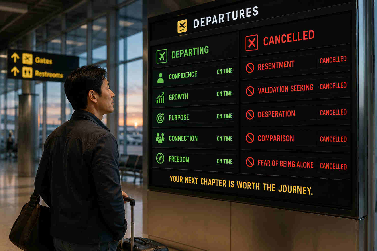 Korean man in airport viewing a departures board showing confidence growth purpose and connection departing while resentment and desperation are cancelled