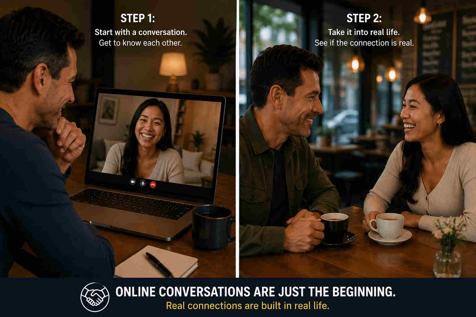 Split screen showing a video call that leads to an in-person coffee date