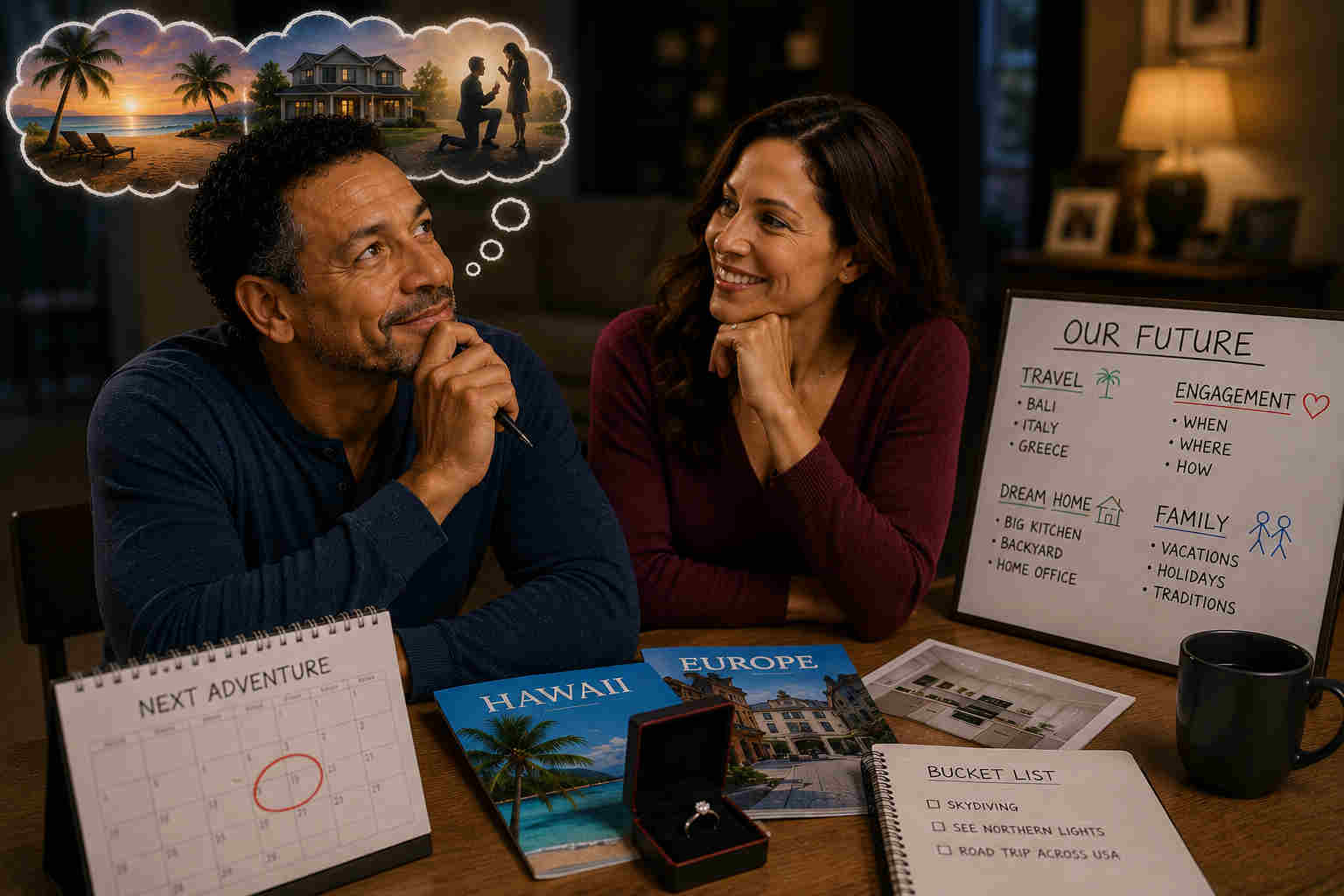 Couple planning vacations, engagement and a dream home too early in their first relationship after divorce