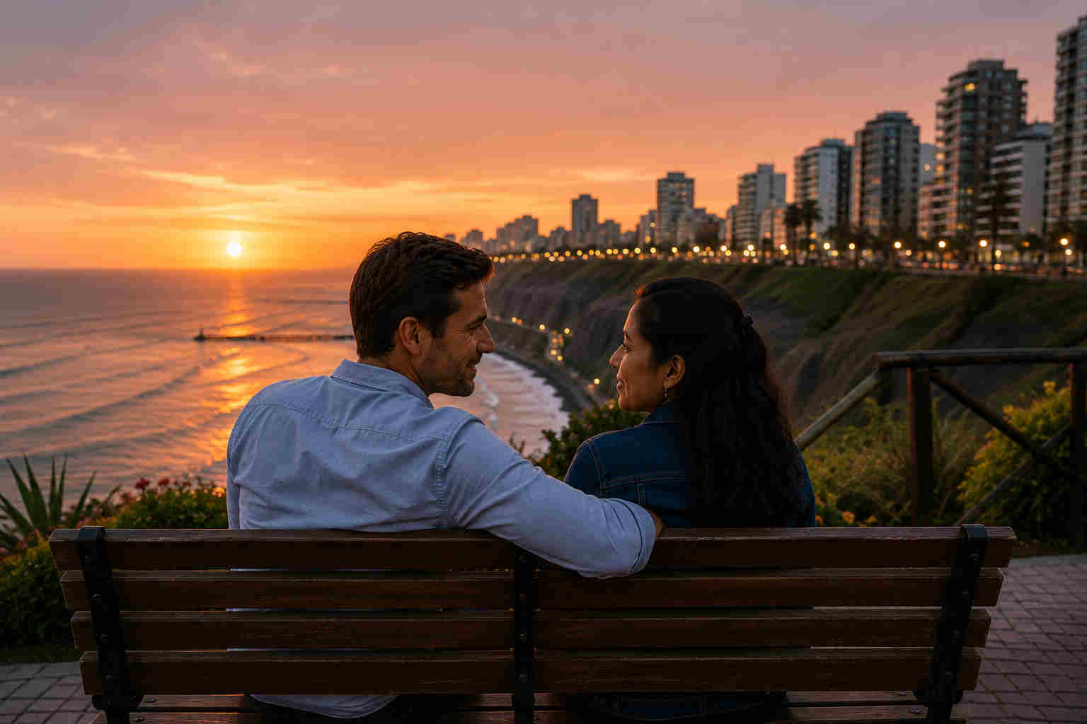 A couple sitting on a bench overlooking the Pacific Ocean along Lima's Malecón at sunset