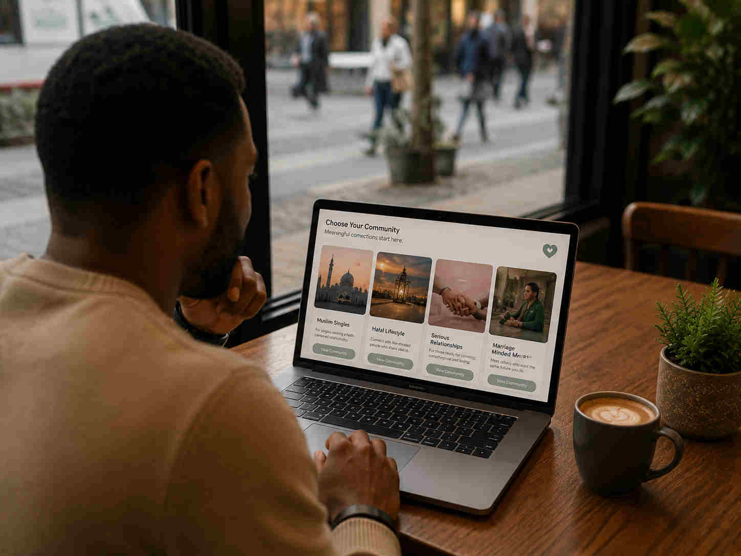 Man in a coffee shop intentionally choosing a niche dating community on his laptop