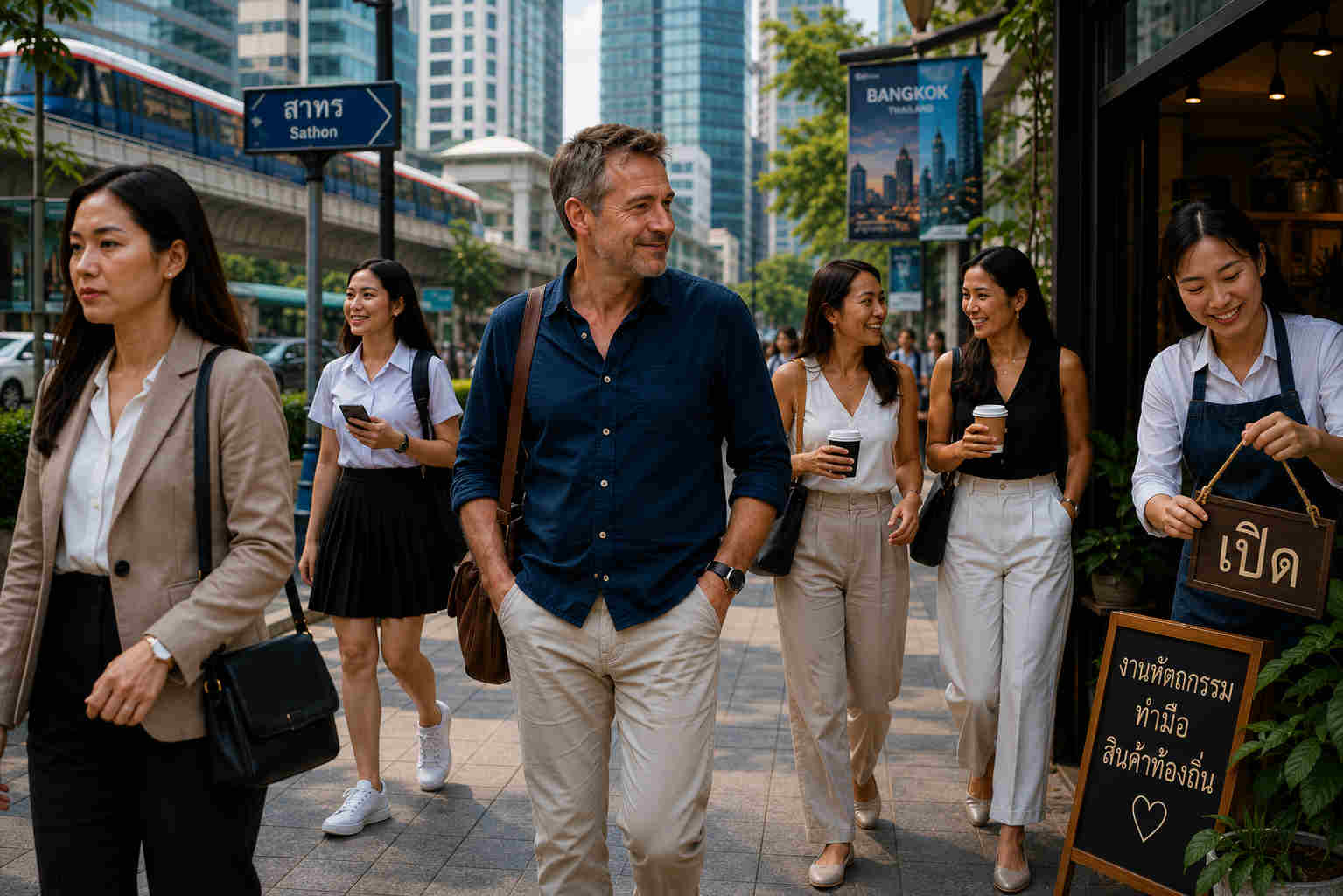 American man walking through Bangkok as independent Thai women go about their daily lives