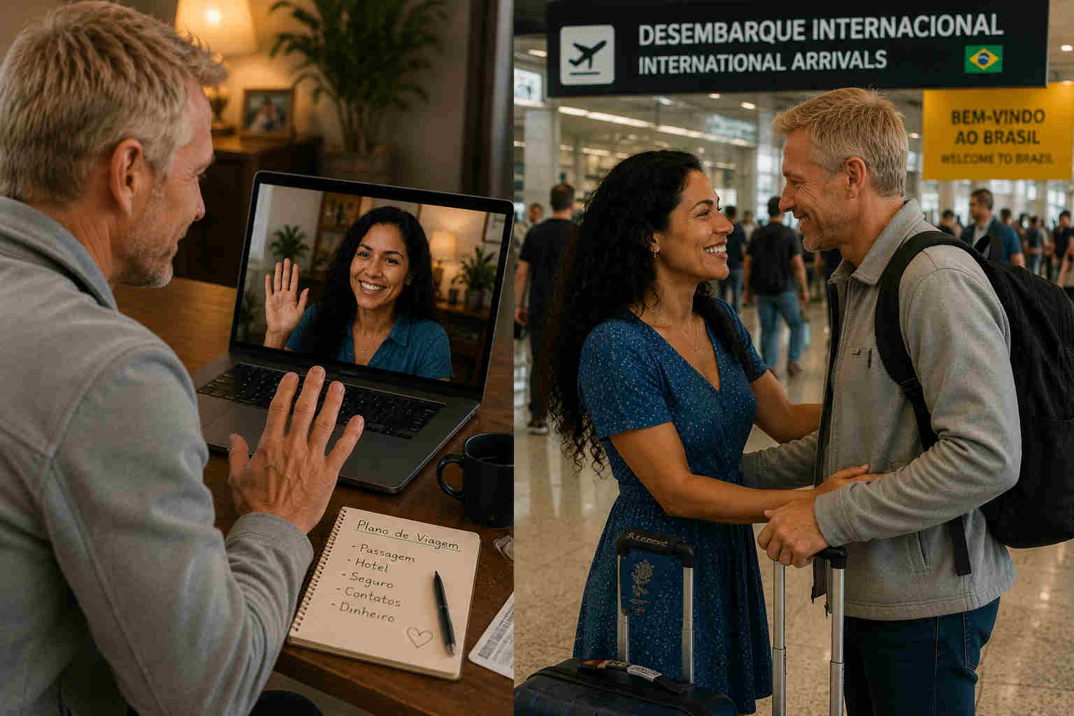 Long-distance couple transitioning from video calls to their first meeting at a Brazilian airport