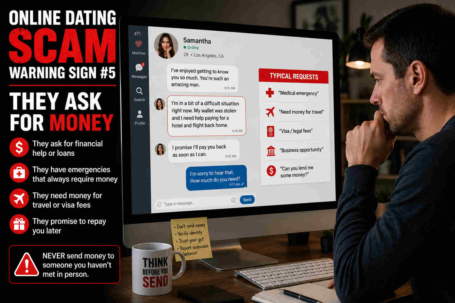 Online dating scam warning sign where a woman asks a man for money on a desktop computer