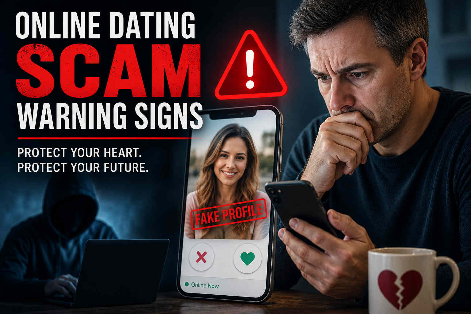 Online dating scam warning signs hero image with a man looking at a fake dating profile