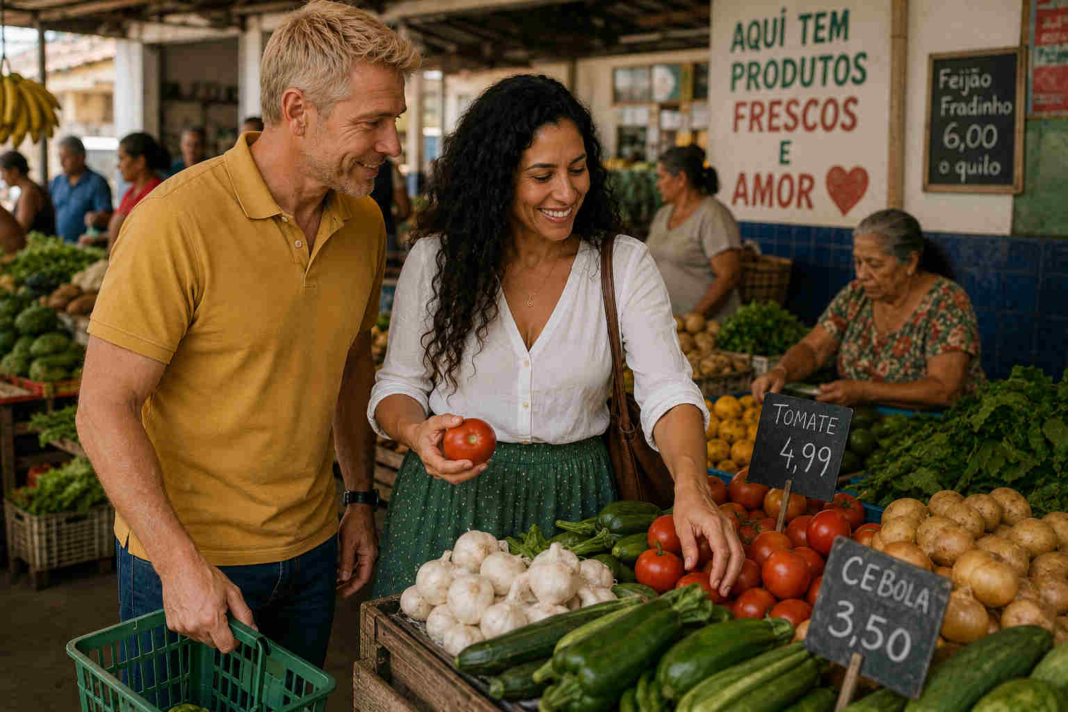American man and Brazilian woman shopping for dinner ingredients at a neighborhood market